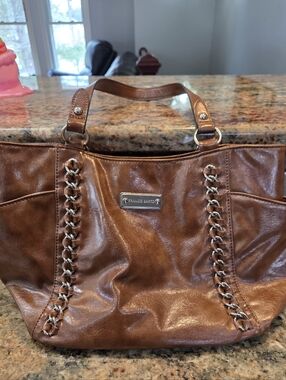 Franco Sarto Brown Faux Leather Purse Bag Silver Hardware Classic Magnetic Close